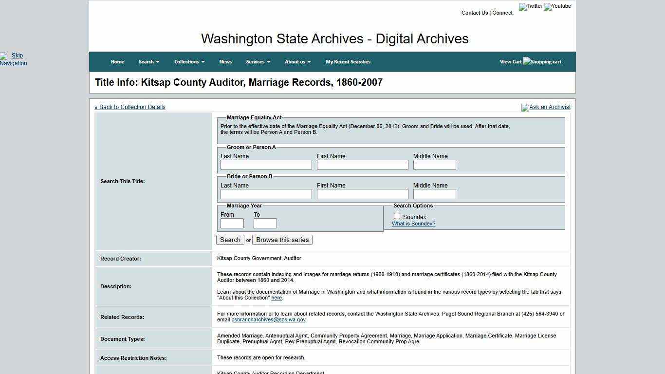 Washington State Archives, Digital Archives - Title Info: Kitsap County Auditor, Marriage Records, 1860-2007
