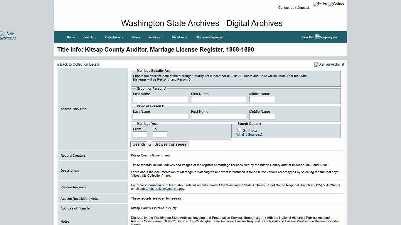 Washington State Archives, Digital Archives - Title Info: Kitsap County Auditor, Marriage License Register, 1868-1890